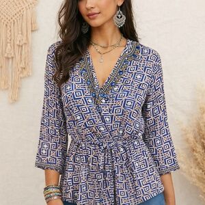 Antonio Milano IKAT Tunic Oversized Pullover‎ Top Draw Waist Embellished India L